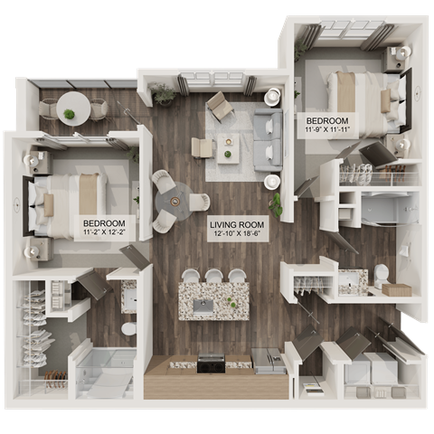 Floor plan for 2 beds, 2 baths, 1075 sqft